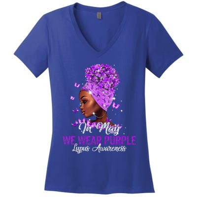 Black Wo In May We Wear Purple Ribbon Lupus Awareness Women's V-Neck T-Shirt