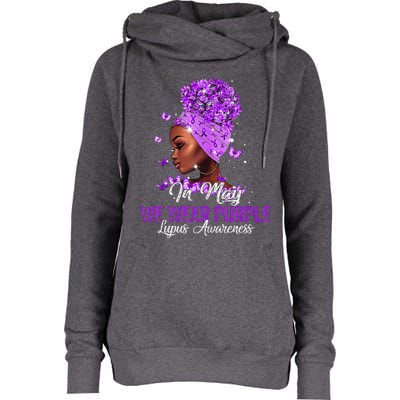 Black Wo In May We Wear Purple Ribbon Lupus Awareness Womens Funnel Neck Pullover Hood