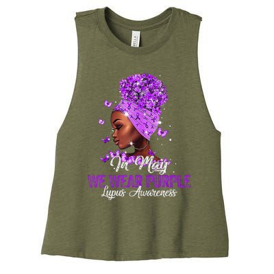 Black Wo In May We Wear Purple Ribbon Lupus Awareness Women's Racerback Cropped Tank