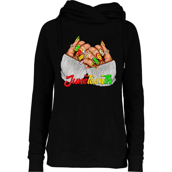 Black Woman Juneteenth Nails Juneteenth Afro Woman Hands Womens Funnel Neck Pullover Hood