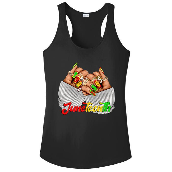 Black Woman Juneteenth Nails Juneteenth Afro Woman Hands Ladies PosiCharge Competitor Racerback Tank