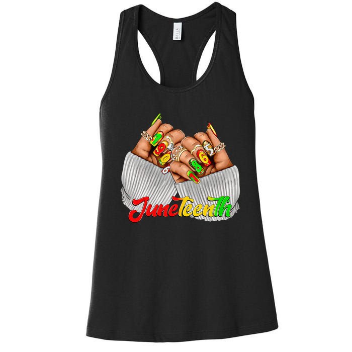 Black Woman Juneteenth Nails Juneteenth Afro Woman Hands Women's Racerback Tank