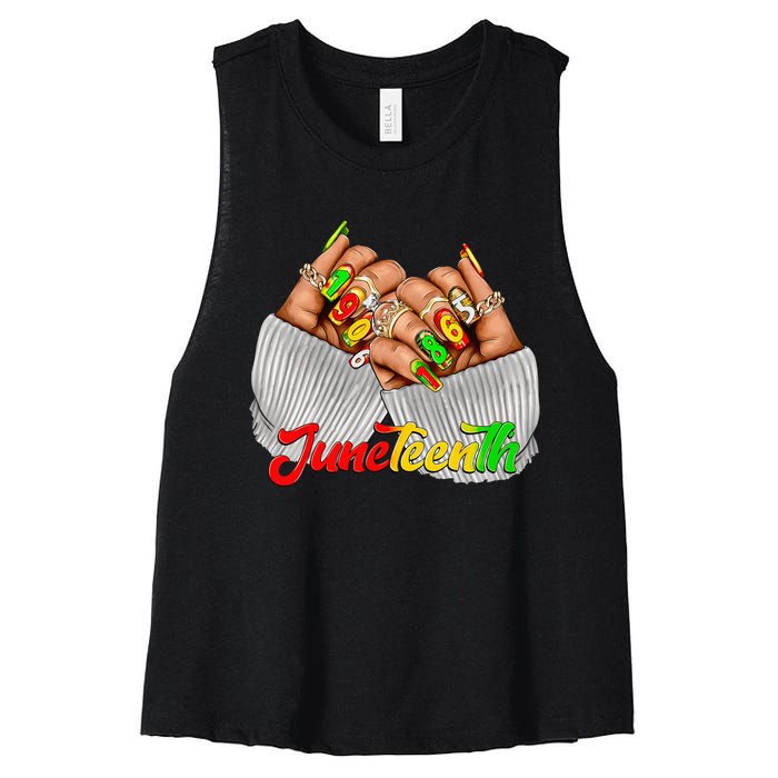 Black Woman Juneteenth Nails Juneteenth Afro Woman Hands Women's Racerback Cropped Tank