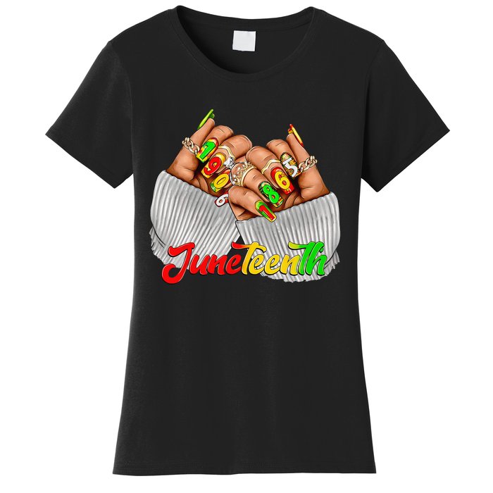 Black Woman Juneteenth Nails Juneteenth Afro Woman Hands Women's T-Shirt