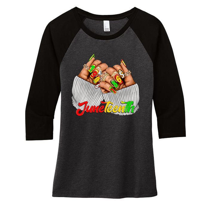 Black Woman Juneteenth Nails Juneteenth Afro Woman Hands Women's Tri-Blend 3/4-Sleeve Raglan Shirt