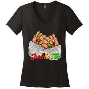 Black Woman Juneteenth Nails Juneteenth Afro Woman Hands Women's V-Neck T-Shirt