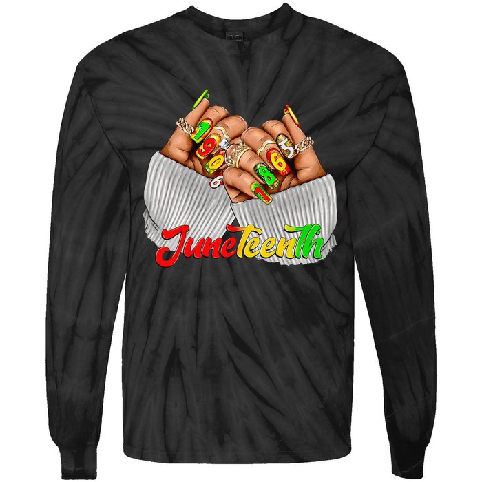 Black Woman Juneteenth Nails Juneteenth Afro Woman Hands Tie-Dye Long Sleeve Shirt