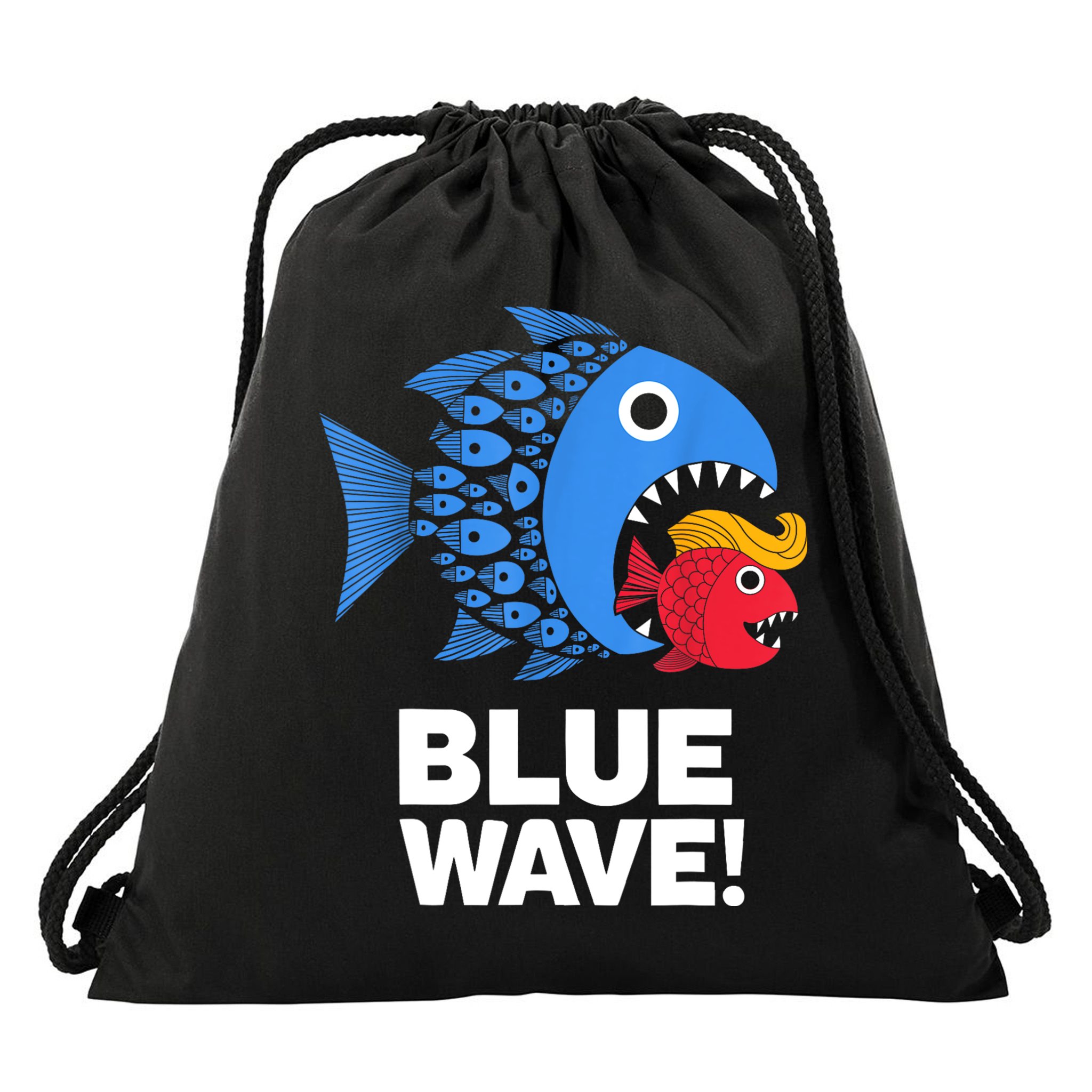 Blue Wave Kamala Funny Big Fish Eat Little Fish Trump Hair Drawstring Bag
