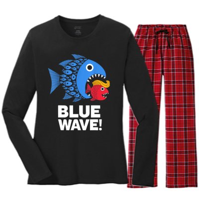 Blue Wave Kamala Funny Big Fish Eat Little Fish Trump Hair Women's Long Sleeve Flannel Pajama Set 