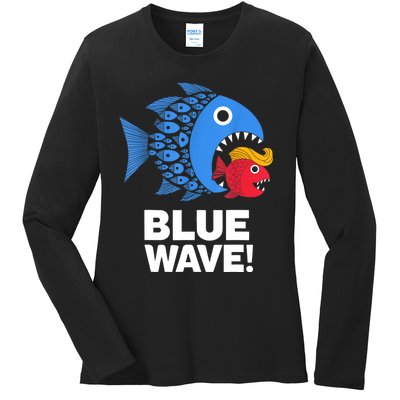 Blue Wave Kamala Funny Big Fish Eat Little Fish Trump Hair Ladies Long Sleeve Shirt