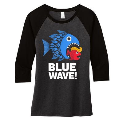 Blue Wave Kamala Funny Big Fish Eat Little Fish Trump Hair Women's Tri-Blend 3/4-Sleeve Raglan Shirt