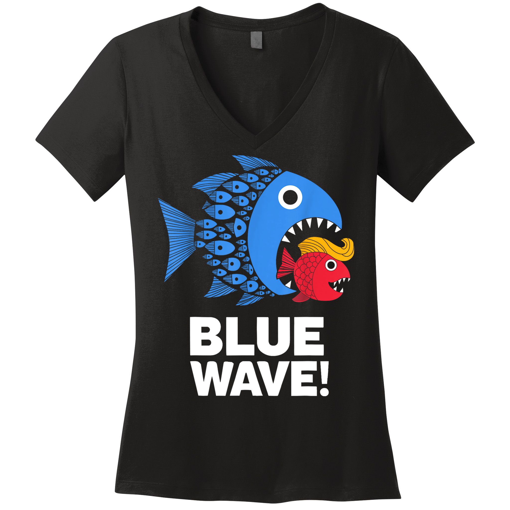 Blue Wave Kamala Funny Big Fish Eat Little Fish Trump Hair Women's V-Neck T-Shirt