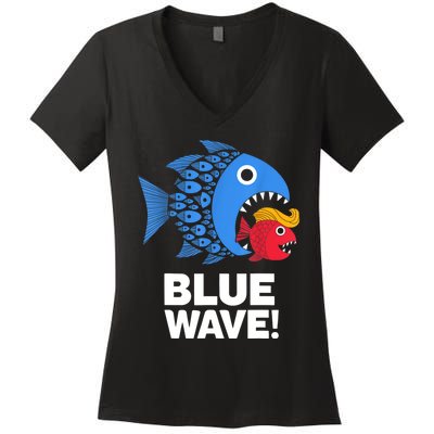 Blue Wave Kamala Funny Big Fish Eat Little Fish Trump Hair Women's V-Neck T-Shirt