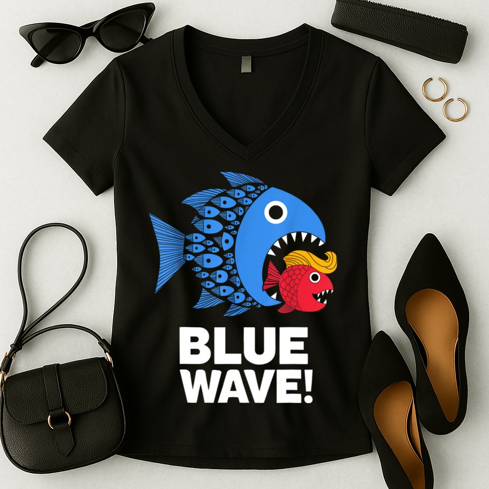 Blue Wave Kamala Funny Big Fish Eat Little Fish Trump Hair Women's V-Neck T-Shirt