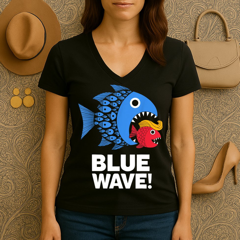 Blue Wave Kamala Funny Big Fish Eat Little Fish Trump Hair Women's V-Neck T-Shirt
