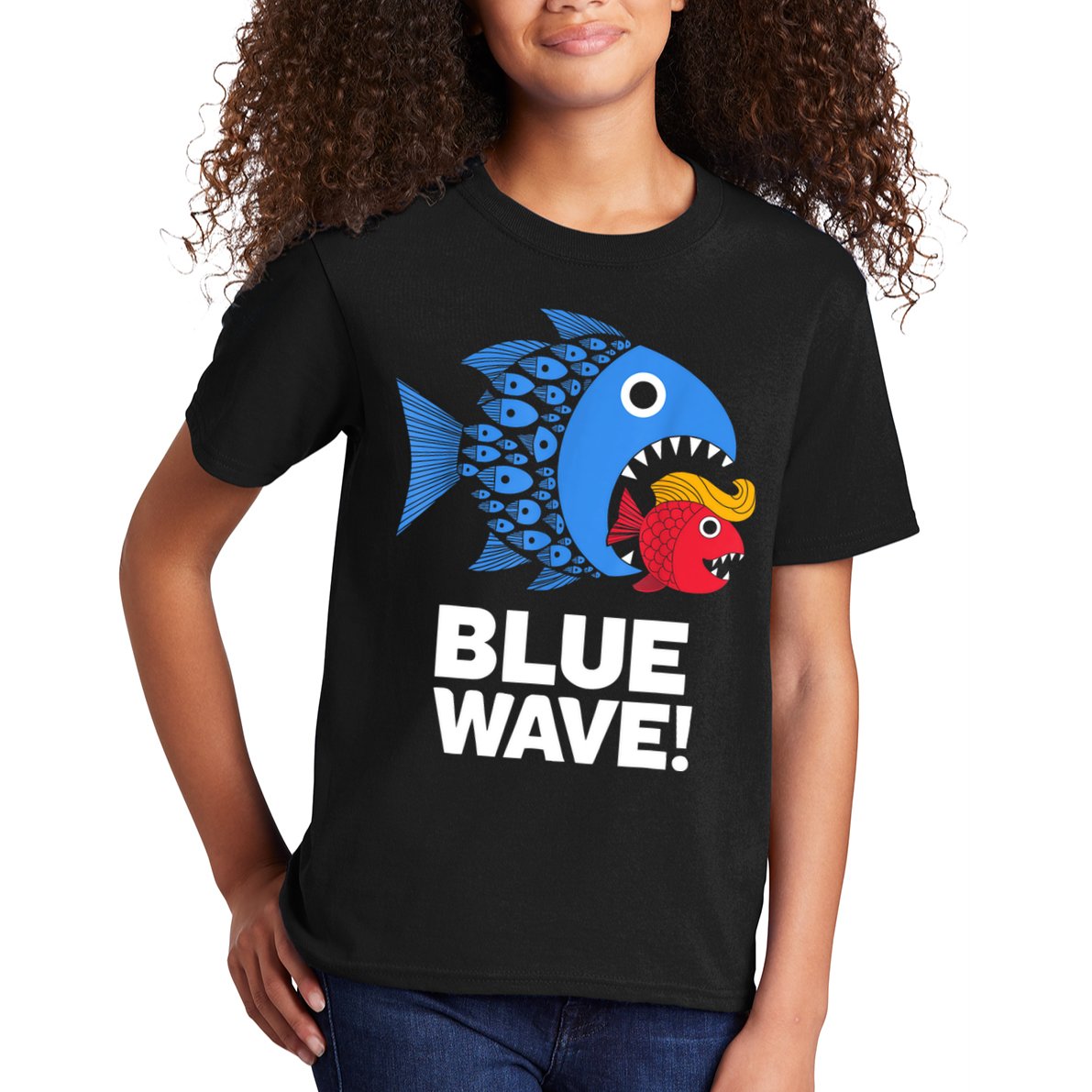 Blue Wave Kamala Funny Big Fish Eat Little Fish Trump Hair Kids T-Shirt