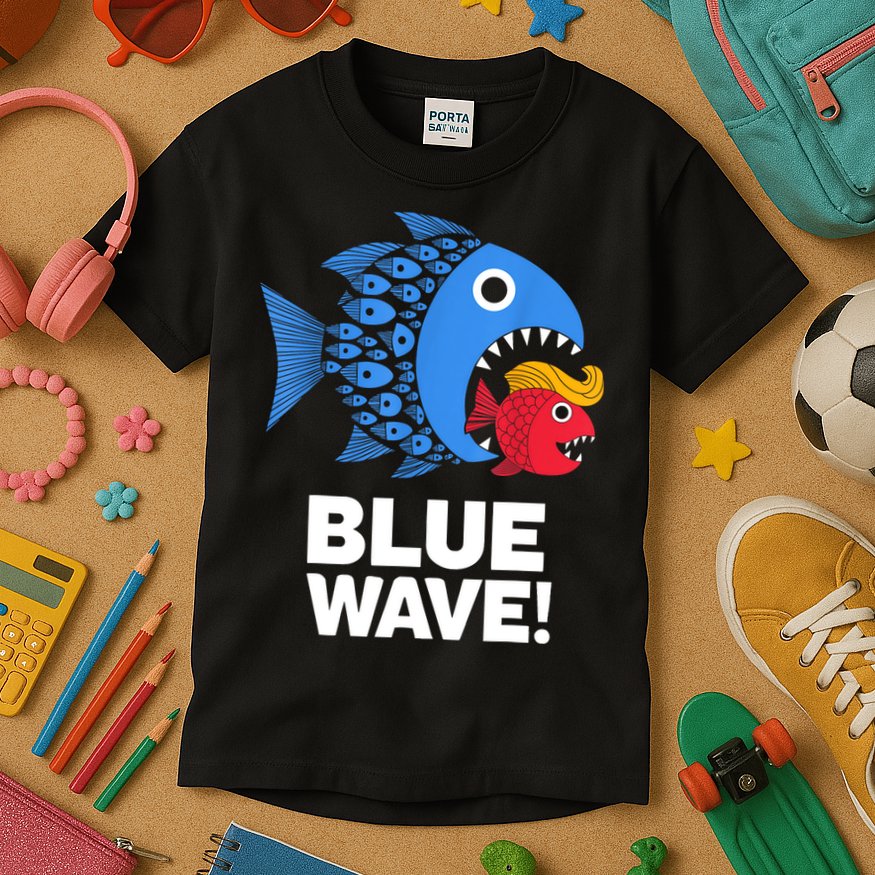 Blue Wave Kamala Funny Big Fish Eat Little Fish Trump Hair Kids T-Shirt