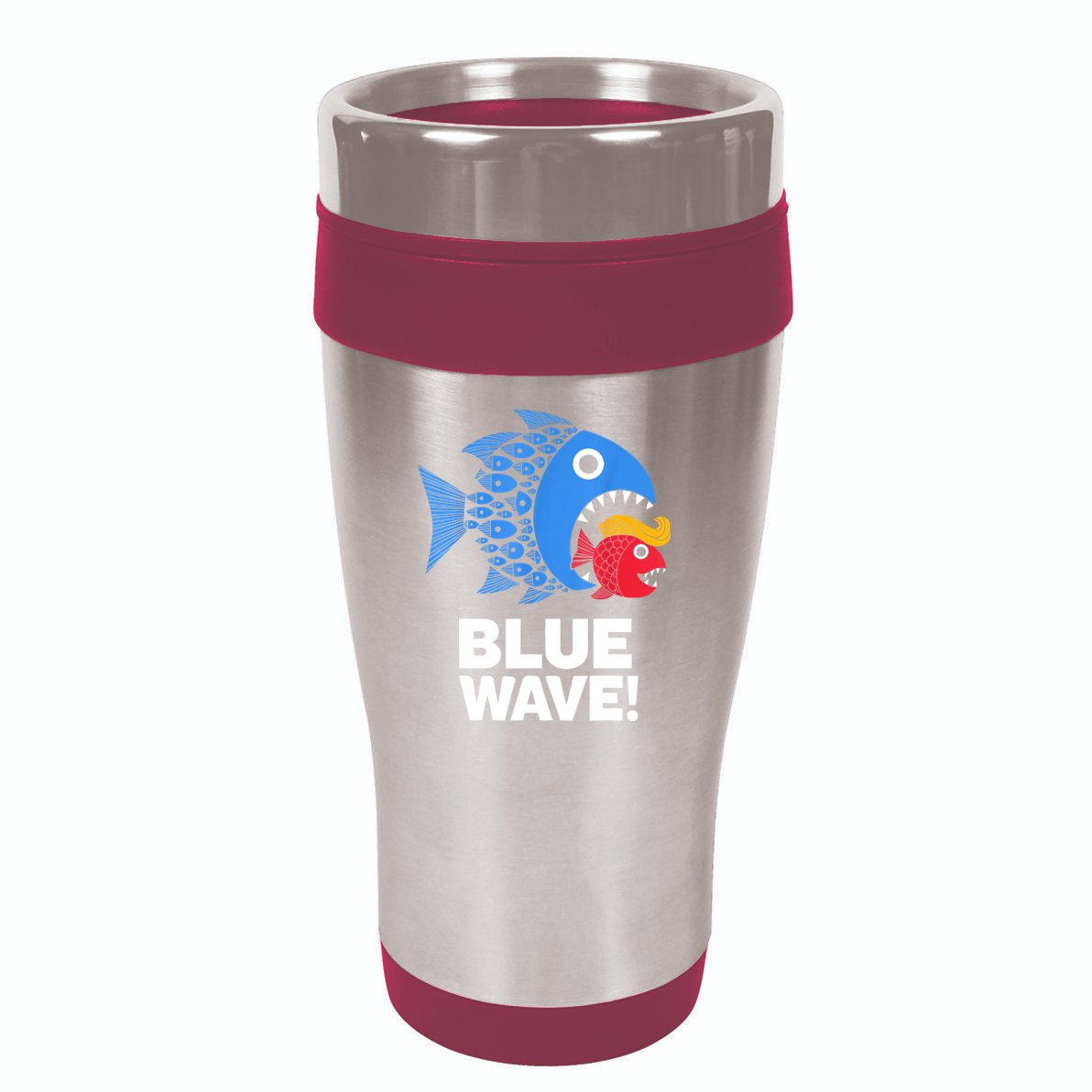 Blue Wave Kamala Funny Big Fish Eat Little Fish Trump Hair 16oz Travel Tumbler