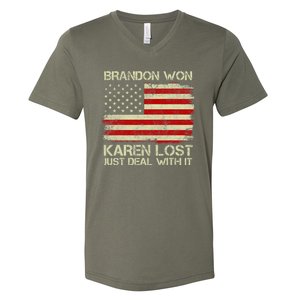 Brandon Won Karen Lost Just Deal With It USA Flag Biden V-Neck T-Shirt