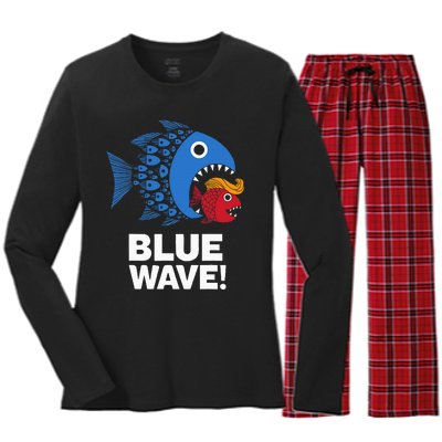 Blue Wave Kamala Big Fish Eat Little Fish Trump Hair Women's Long Sleeve Flannel Pajama Set 