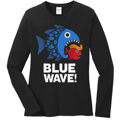 Blue Wave Kamala Big Fish Eat Little Fish Trump Hair Ladies Long Sleeve Shirt