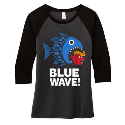 Blue Wave Kamala Big Fish Eat Little Fish Trump Hair Women's Tri-Blend 3/4-Sleeve Raglan Shirt