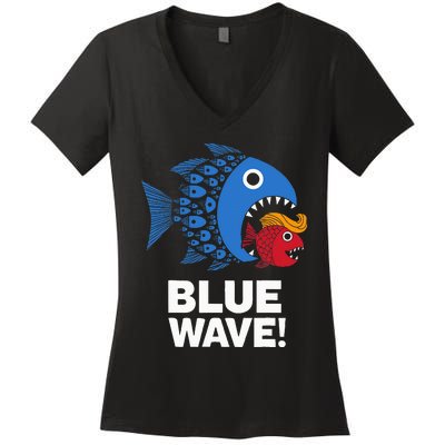 Blue Wave Kamala Big Fish Eat Little Fish Trump Hair Women's V-Neck T-Shirt