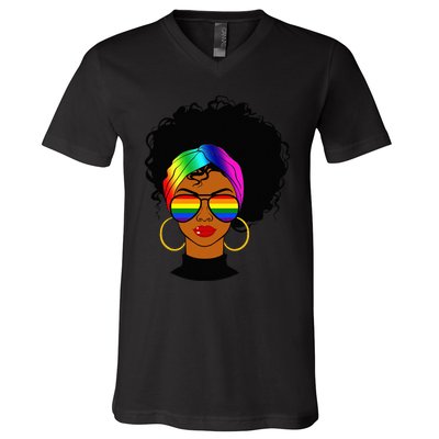 Black Woman LGBT Pride Afro Retro Mother's Day V-Neck T-Shirt