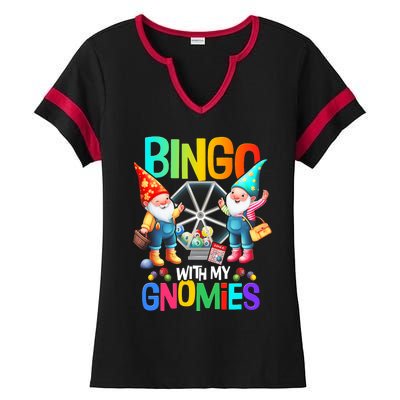 Bingo With My Gnomies Fun Bingo Gnome Squad Merry Christmas Ladies Halftime Notch Neck Tee