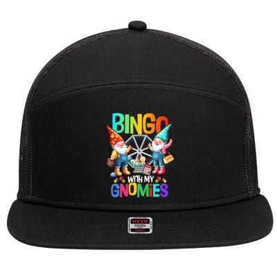 Bingo With My Gnomies Fun Bingo Gnome Squad Merry Christmas 7 Panel Mesh Trucker Snapback Hat