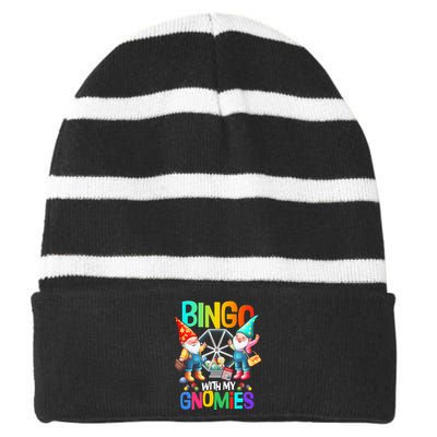 Bingo With My Gnomies Fun Bingo Gnome Squad Merry Christmas Striped Beanie with Solid Band