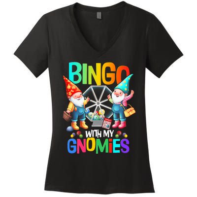 Bingo With My Gnomies Fun Bingo Gnome Squad Merry Christmas Women's V-Neck T-Shirt