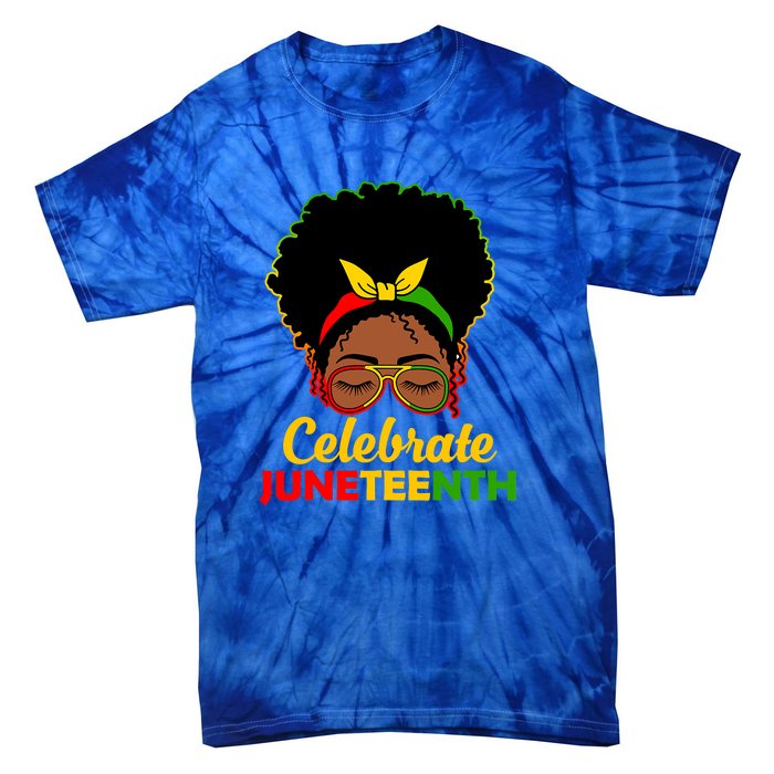 Black Women Messy Bun Juneteenth Celebrate Indepedence Day Gift African Pride Tie-Dye T-Shirt