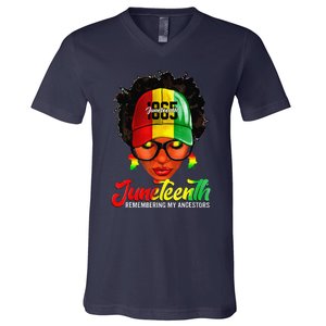 Black Women Messy Bun Juneteenth Remembering My Ancestors V-Neck T-Shirt