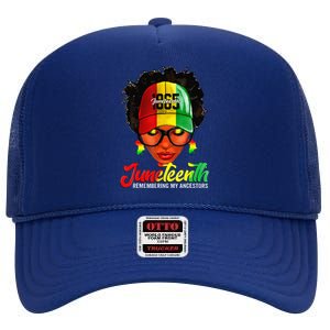 Black Women Messy Bun Juneteenth Remembering My Ancestors High Crown Mesh Back Trucker Hat