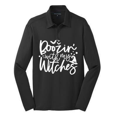 Boozin With My Witches Spooky Halloween Silk Touch Performance Long Sleeve Polo