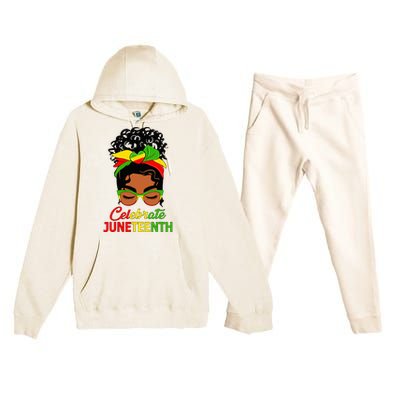 Black Wo Messy Bun Juneteenth Celebrate Indepedence Day Premium Hooded Sweatsuit Set