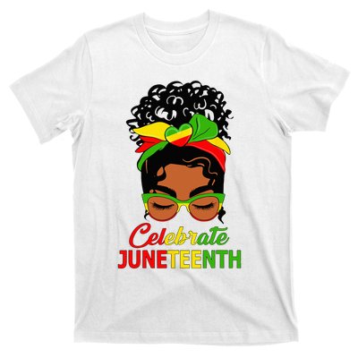 Black Wo Messy Bun Juneteenth Celebrate Indepedence Day T-Shirt