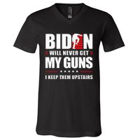 Biden Will Never Get My Guns I Keep Them Upstairs V-Neck T-Shirt