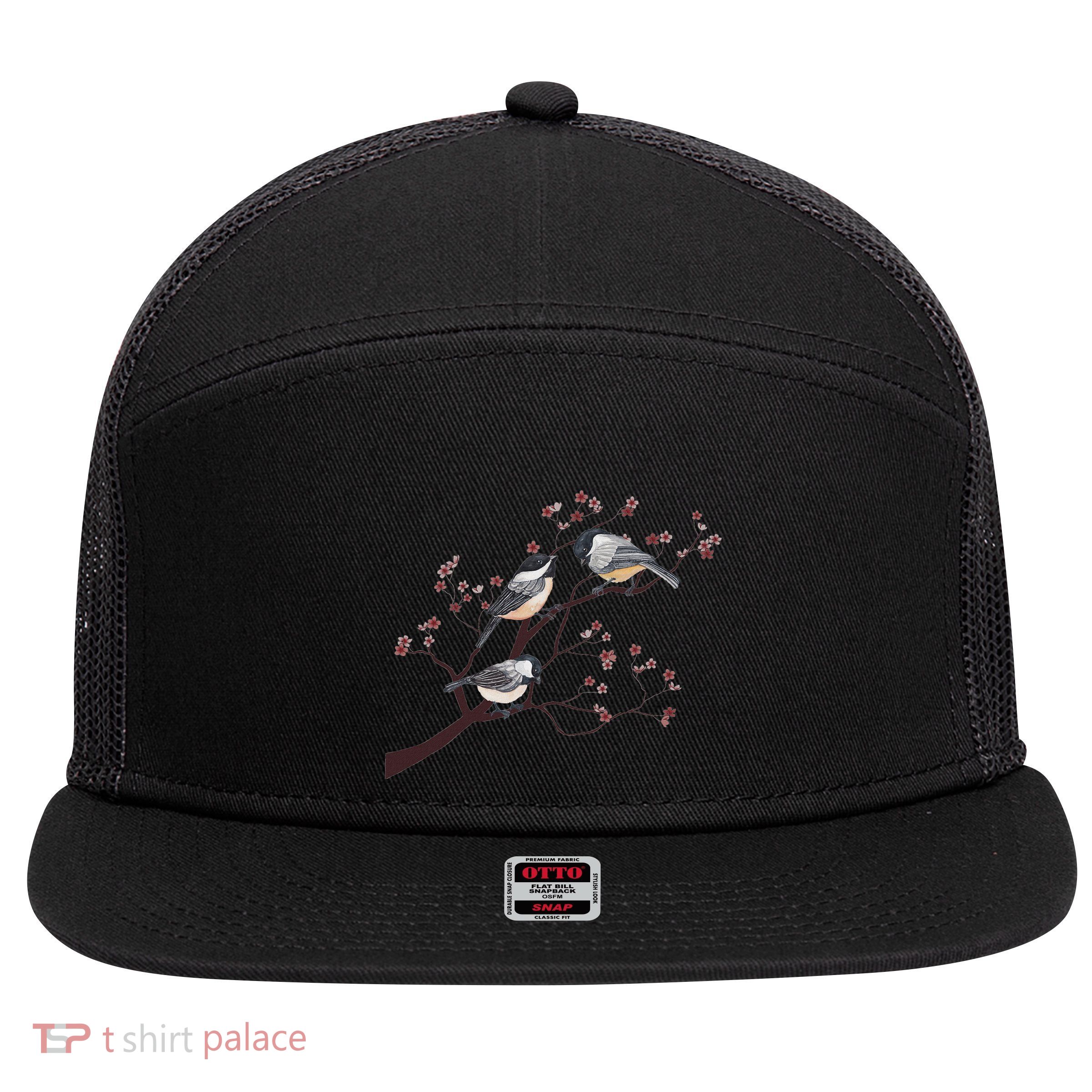 Bird Watching Nature Animal Vintage Blossom Chickadee 7 Panel Mesh Trucker Snapback Hat