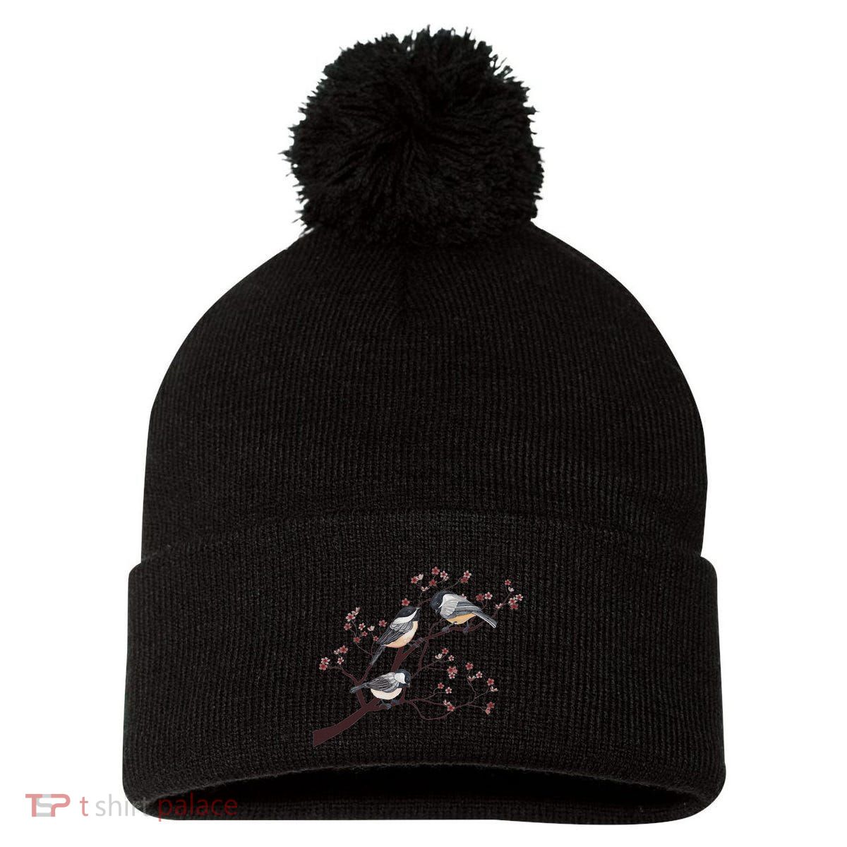 Bird Watching Nature Animal Vintage Blossom Chickadee Pom Pom 12in Knit Beanie