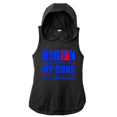 Biden Will Never Take My Guns Away I Keep Them Upstairs Ladies PosiCharge Tri-Blend Wicking Draft Hoodie Tank