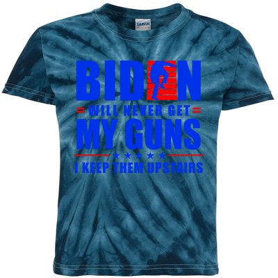 Biden Will Never Take My Guns Away I Keep Them Upstairs Kids Tie-Dye T-Shirt