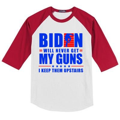 Biden Will Never Take My Guns Away I Keep Them Upstairs Kids Colorblock Raglan Jersey