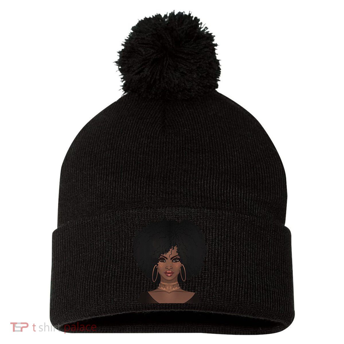 Black Woman Natural Afro Hair Pom Pom 12in Knit Beanie