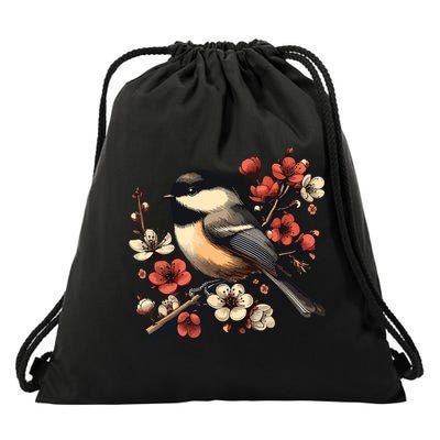 Bird Watching Nature Animal Vintage Blossom Chickadee Drawstring Bag