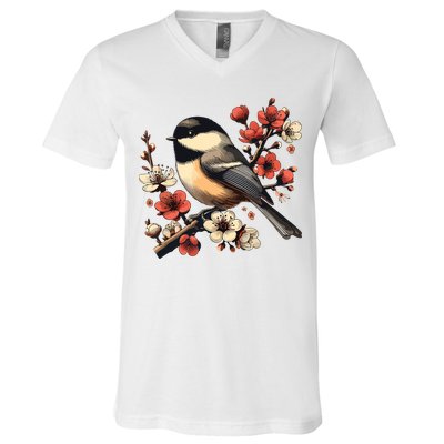 Bird Watching Nature Animal Vintage Blossom Chickadee V-Neck T-Shirt