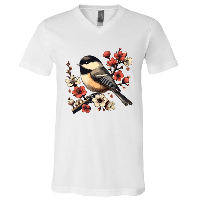 Bird Watching Nature Animal Vintage Blossom Chickadee V-Neck T-Shirt