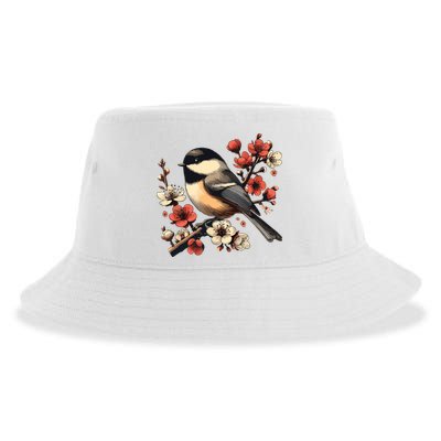 Bird Watching Nature Animal Vintage Blossom Chickadee Sustainable Bucket Hat