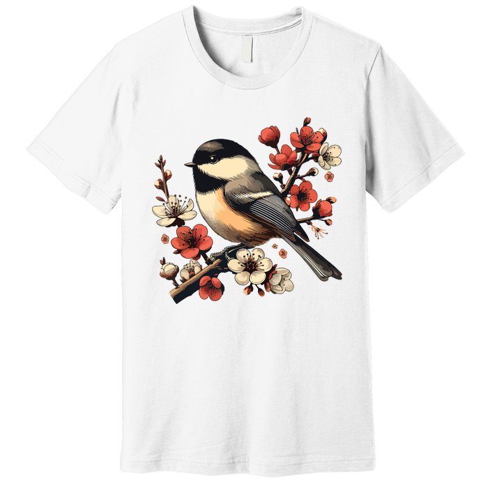 Bird Watching Nature Animal Vintage Blossom Chickadee Premium T-Shirt